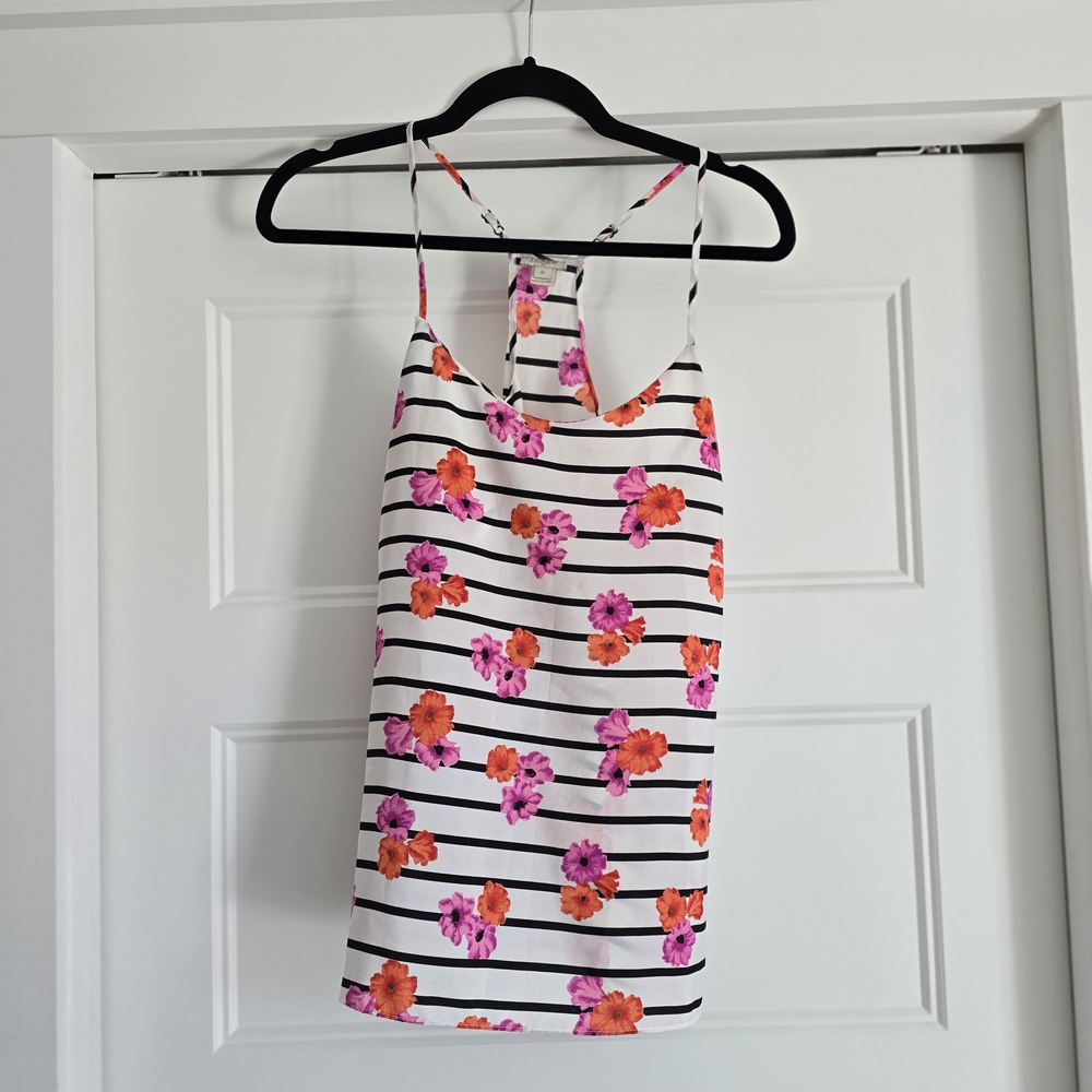 J. Crew Black and White Striped Tank with Pink and Orange Floral